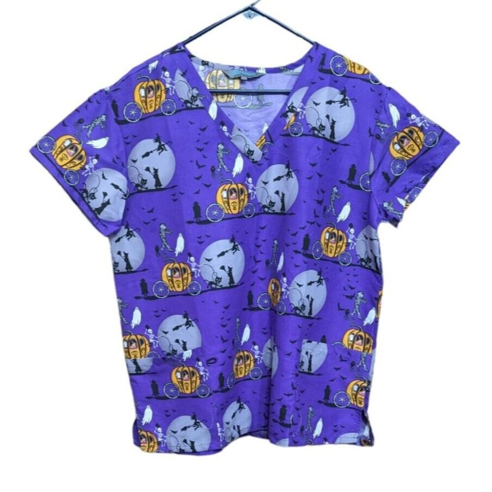 Serene Uniforms Women Scrub Shirt Large Purple Halloween V-Neck  NWT